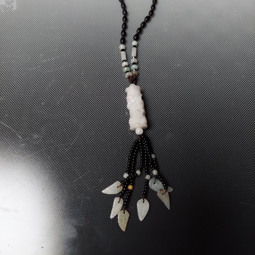 Lovers Garden white jade pendant carved cylinder bead  necklace